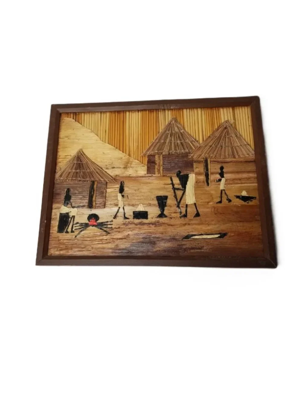 African Wall Art Bamboo Village Scene Framed Handmade Boho Global Decor 18x14